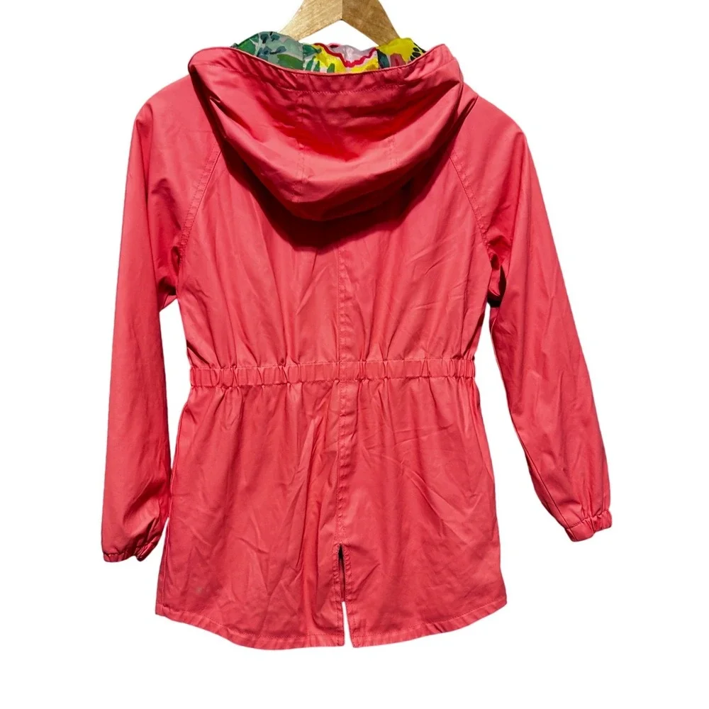 Cat And Jack Girl Rain Jacket L Pink Hooded Floral Lined Lightweight Windbreaker